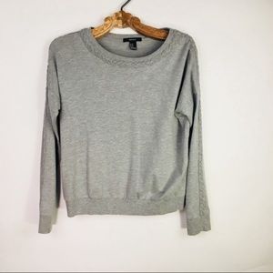 Grey Sweatshirt Braided Trim Soft Cotton Medium